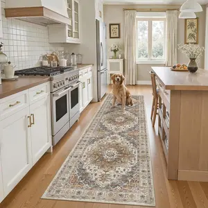 ComiComi Runner Rug 2x8, Washable Hallway Runner Rugs, Non-Slip Low-Pile Soft Kitchen Rug Runner Laundry Room Rug, Vintage Throw Entry Foyer Mat for Entrance Living Room (Turmeric/Grey, 2 x 8)