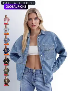 Women's Plain Basic Drop Shoulder Long Sleeves Denim Jacket Coats, Casual Outerwear With Pockets For All Seasons