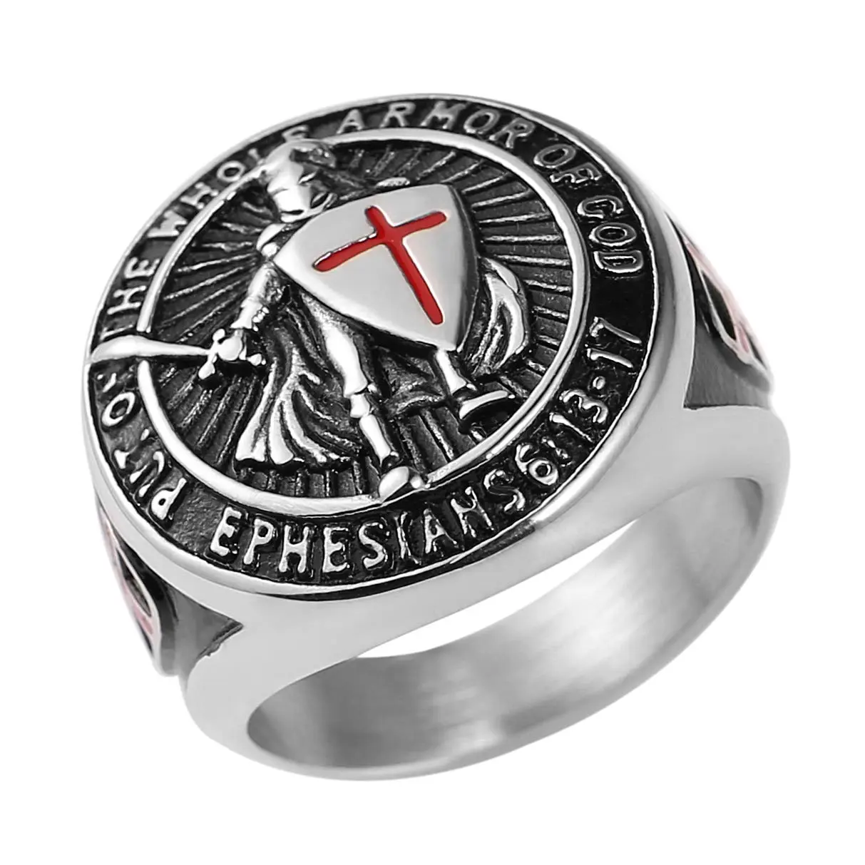 HZMAN Knights Templar Put On The Whole Armor of God Ephesians 6:13-17 Red Cross Design Men's Stainless Steel Ring