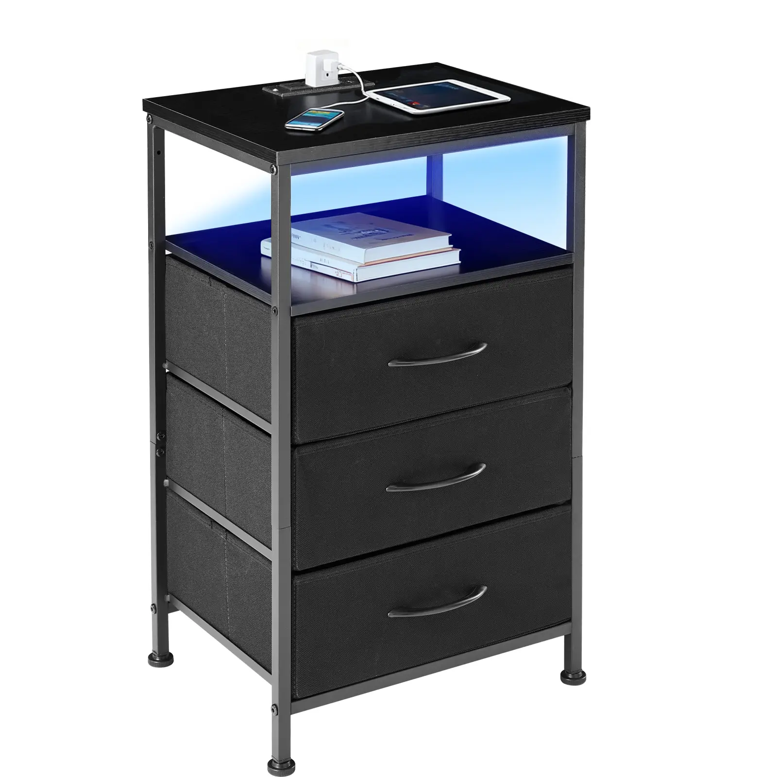 Nightstand with Charging Station & LED Light Strip, Bedside Table with 5 Fabric Drawers, USB/Type-C Ports and Outlets, Phone Controlled Color Changing Lights