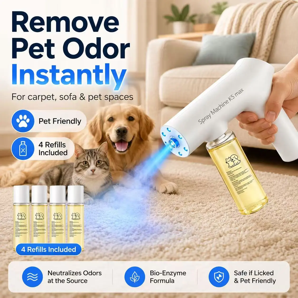 Nano Blue Light Probiotic Deodorizer, indoor odor removal, pet deodorant. Bio-enzymes break down urine, disinfect and deodorize, Plant-extracted, safe and non-toxic for pets, Floral scent Air Freshener Spray
