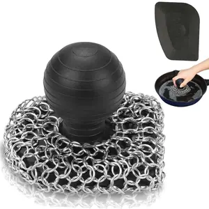 Cast Iron  with Pan Scraper, 316 Chainmail , Upgraded Chain Mail  Sponge, Cast Iron Cleaner for Grill Pan Skillet Wok Carbon Steel, Dutch Oven Metal Brush Cleaning Kit, Black