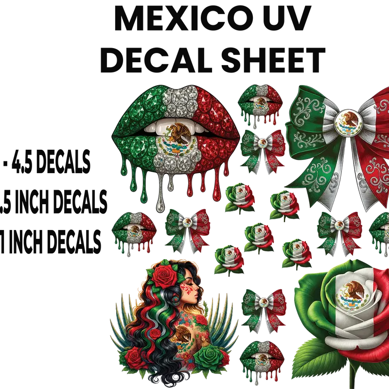 Mexico UV Decal Sheet - 4-6 Decals, 8-10 Inch Designs, 5-6 Inch Decals, Perfect for Decorative Use