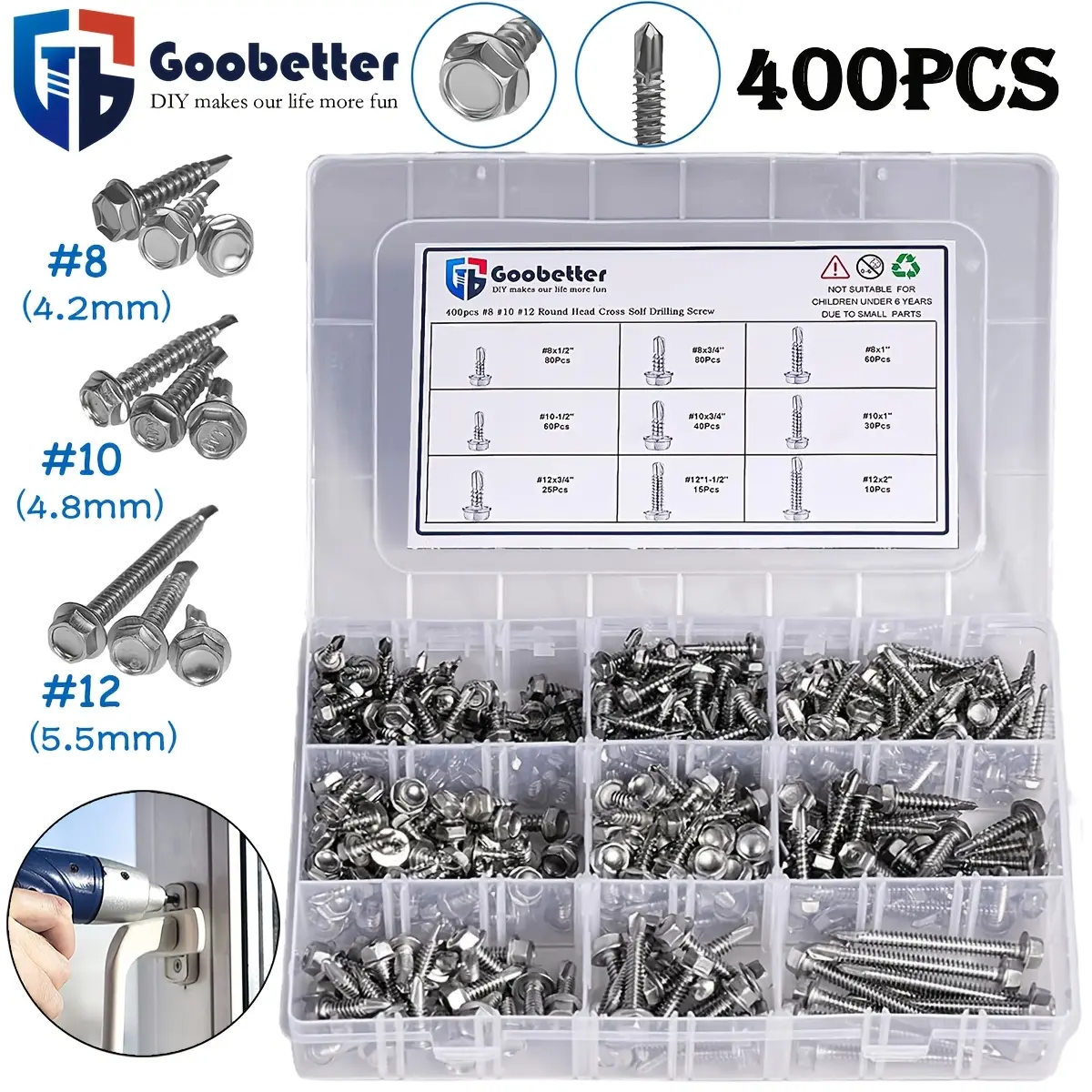 410 Stainless Steel Self Tapping TEK Screws Assortment,#8#10#12 Hex Head Self Drilling Screws for Metal, Screws Kit, Self Tapped Screws