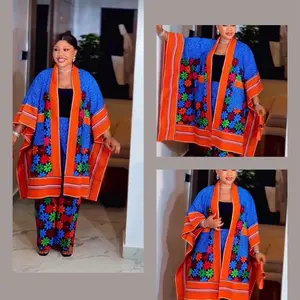 100% COTTON African Print & Aso-Oke Kimono + Pant One Size Fits All Free Sized Pants Stylish  Clothing Suits Top Comfort Trouser Comfortable Outfits Style Elegant Solid Color Two-Piece Fashion