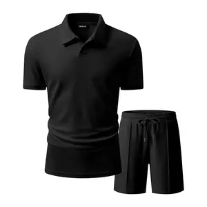 JMIEER Men's Waffle Knit Two Piece Outfit Casual Tracksuit Short Sleeve Golf Polo Shirts and Shorts Set for Summer Vacation