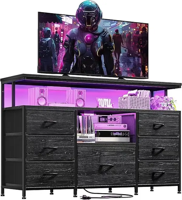 【Summerwins】Raybee Furniture 7 Fabric Drawers Dresser TV Stand,   with LED Lights & power outlets for 55" TV, for Bedroom Entertainment Center,  for Living Room tv stand