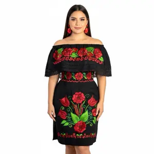 Campesino Traditional Mexican Dress Embroidered Off the Shoulder Cotton with Red Flowers Adjustable Straps for Everyday Wear
