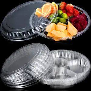 12 Pack Round Plastic Veggie Tray with Lid Fruit Tray 6 Divided Compartment Container  Serving Dip Platter  Catering Trays for Veggie Fruit Snack Party and Buffet Trays(Clear,10inch)