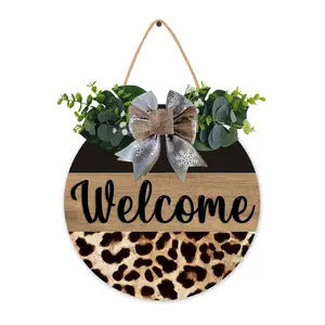 Welcome with Bow Wooden Sign (12x12 inch), Minimalist Leopard Welcome Door Hanger, Outdoor Welcome Hanging Sign for Front Door Porch Farmhouse Yard Decor, Rustic Farmhouse Design, Home Decoration