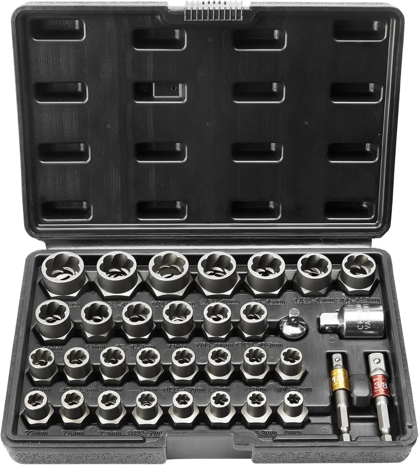 VEVOR Bolt Extractor Set, 29-Piece Bolt and Nut Remover Set, 6Mm to 10Mm, 13/32" to 3/4", CR-MO Steel Extraction Socket Set with Storage Case, for Removing Damaged Rusted Bolts, Nuts and Screws