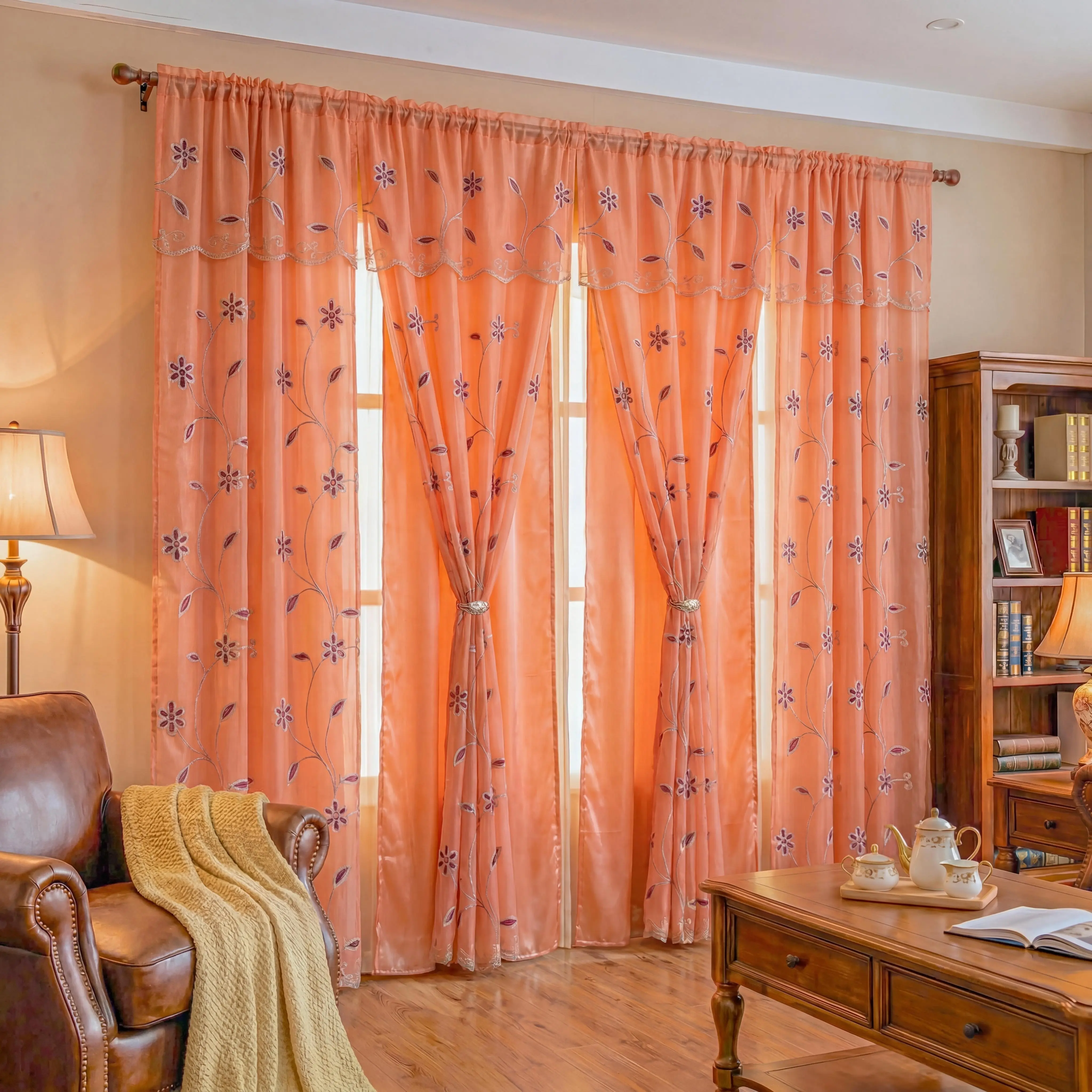 4 Pcs 52x84 in Vine Floral Embroidery Doli Curtains - Double-Layered with Waterfall Valance & Rod Pocket, Breathable Anti-Shrink Vintage House Decor Curtains for Living Rooms, Bedrooms, QF29 European Luxury Holiday Decor