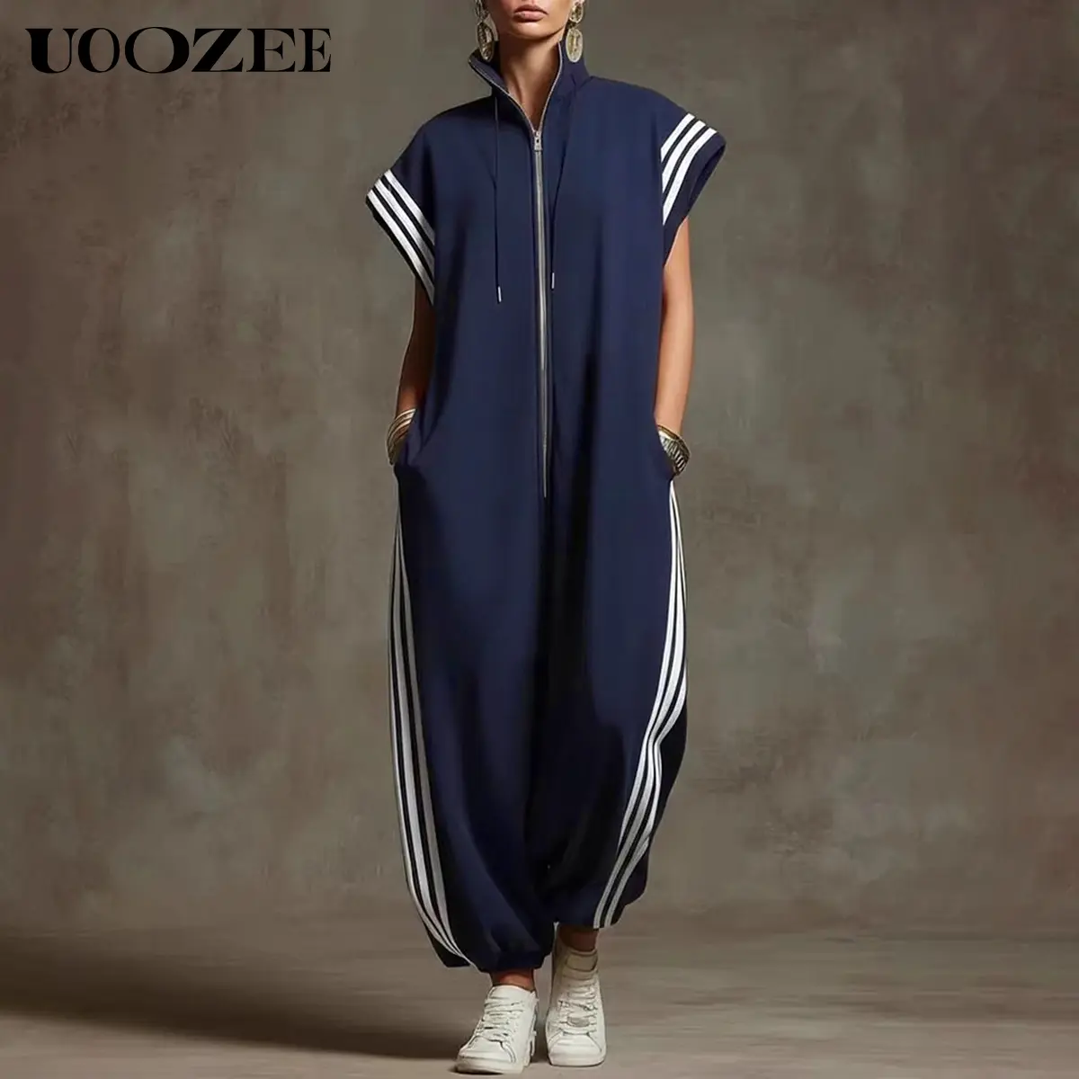 UOOZEE Women's Plus Size Athletic Jumpsuit, Oversized Streetwear Loungewear with Side Stripe, Zipper Collar and Pockets in Soft Polyester, Fit, Lady