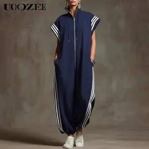UOOZEE Women's 2026 New Summer Plus Size Contrast Color Baseball Style Jumpsuit - 100% Polyester, Loose Short Sleeves, Zipper Stand Collar, Ankle Length, Side Stripe, Pockets, Oversized, 7 Colors, T-Shirt Inspired, Drawstring-Accented, Loungewear,summervi