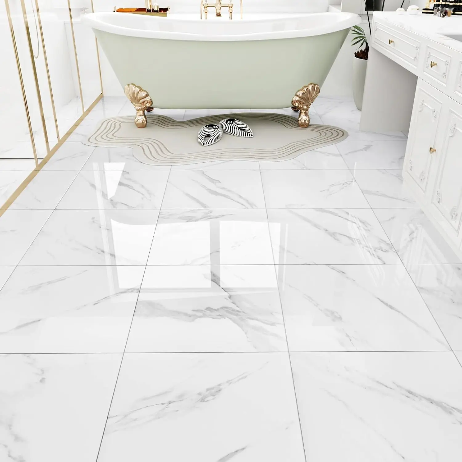 White Marble Peel and Stick Floor Tile Bathroom Waterproof Marble Flooring Tiles Self Adhesive Sticky Tiles for Floor Bedroom Kitchen Camper Laundry Peel and Stick Tile Flooring 20 PCS 12"x12"