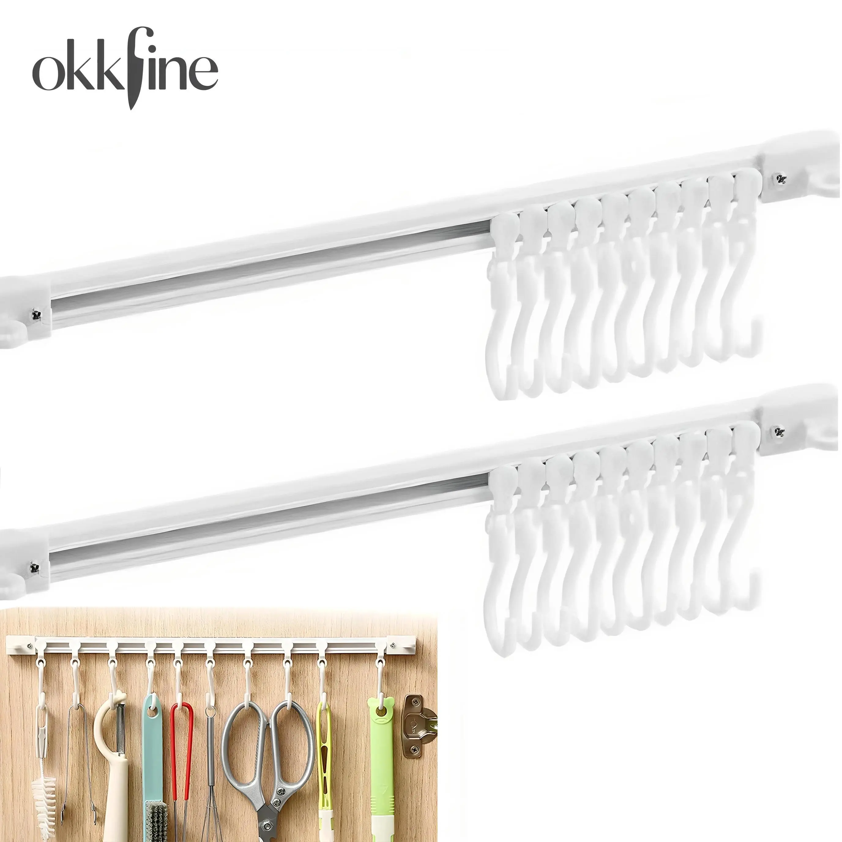 Okkfine Multifunctional Slide Rail Hook Kitchen Utensil Hanging Rack Wall Mounted Hanger Organized Storage Solution for a Stylish Kitchen, Utensil Holder with 10 Hooks, Sliding Track Hook, No Drilling Hanger
