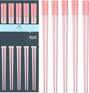 5 Pairs Fiberglass Chopsticks Reusable Dishwasher Safe 9.57 inch Matte Non-Slip Pink Sakura Chopsticks for Family Hotel Restaurant