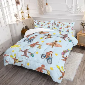 Versatile Curious George Cartoon Print Light Blue And Yellow Color-Block Design Skin-Friendly Brushed Cotton Quilt Printed Bedding Set (1 Quilt, 1/2 Pillowcases, Filling Not Included) Warm And Practical Daily Gift For Children's Room.