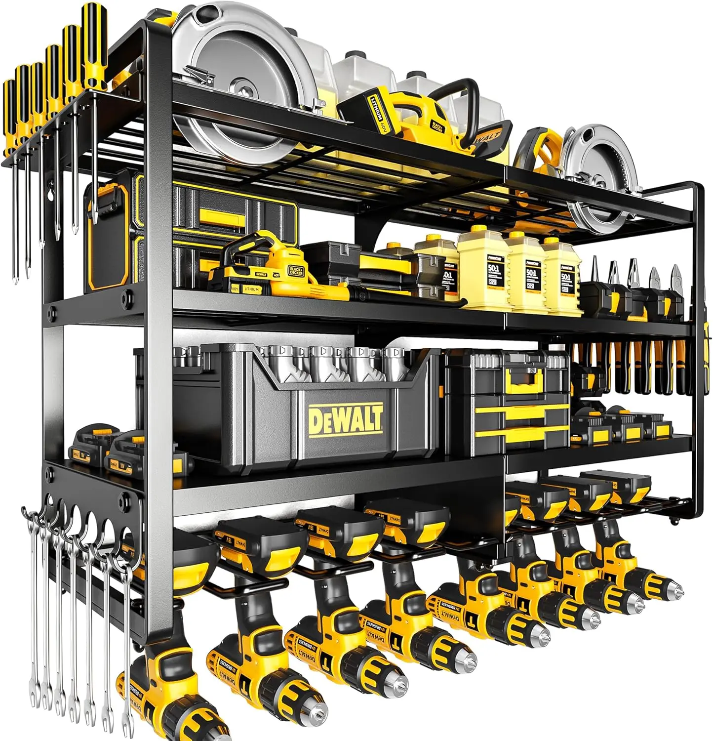 Large Power Tool Organizer Wall Mount,4 Layers Heavy Duty Metal Loads 400lbs,Power Tool Shelf  Storage with 8 Cordless Drill Holder,Utility Racks for Garage Workshop