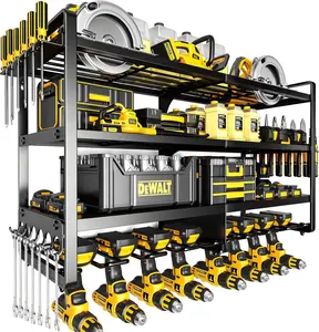 Large Power Tool Organizer Wall Mount,4 Layers Heavy Duty Metal Loads 400lbs,Power Tool Shelf  Storage with 8 Cordless Drill Holder,Utility Racks for Garage Workshop