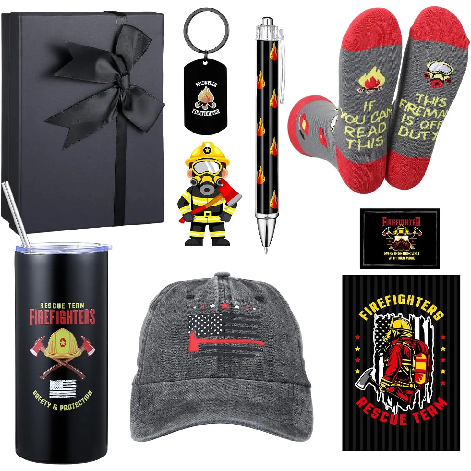 9 Pcs Firefighter Gifts Set for Men Dad Husband Son for Fathers Day Firefighter Fireman Gifts Include 16 oz Tumbler Mug Ballpoint Pen Baseball Hat Socks Notebook Keychain Pendant