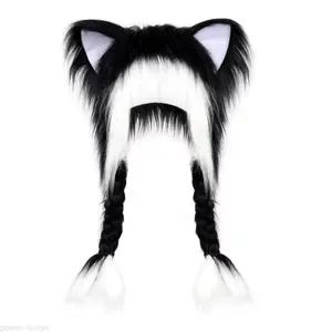Furry Cat Ears Headband with Braided Tail - Plush Cosplay Accessory, Cute & Youthful Look, Trendy Furry Hats, Kawaii Cat Ear Headband, Perfect for Parties, Street Style, & Photo Shoots| Must-Have Costume Accessory