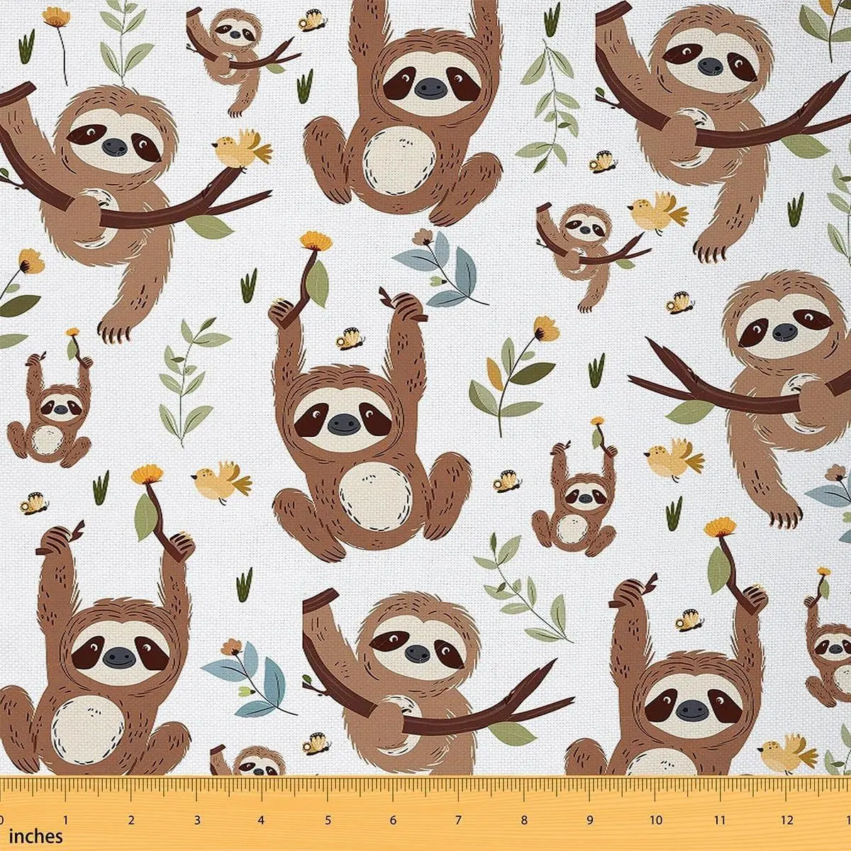Cute Sloth Fabric Kawaii Wild Animals Decorative Fabric Cartoon Upholstery Fabric Chairs Tropical Leaves Fabric Home DIY Projects White Soft Flannel