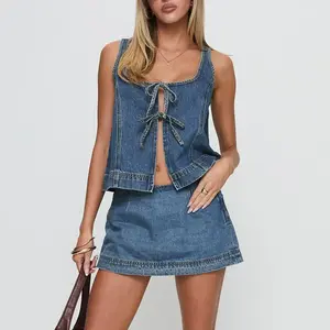 Women's Two-Piece Denim Outfit - Sleeveless Tie-Front Top and Mini Skirt Set, Clubwear