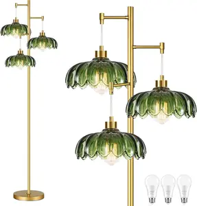 Glass  Floor Lamp for Living Room,Bedroom,Mid Century Modern Standing Lamp Brass Tree 3 Light Tall Floor Lamps  Retro Floor Lights Green Flower Lamp Shade Farmhouse Boho Bohemian