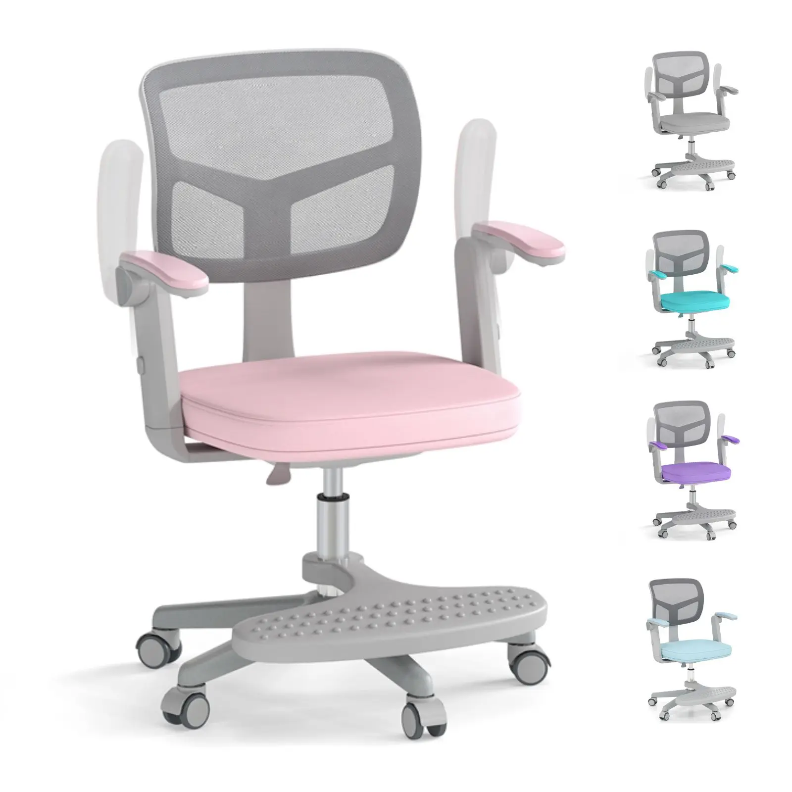 COSTWAY Kids Desk Chair, Ergonomic Adjustable Student Rolling Chair with Footrest & Flip-up Armrest, Mesh Children Office Chair with Universal Wheels, Kids Computer Chair for Boys & Girls Age 3-10