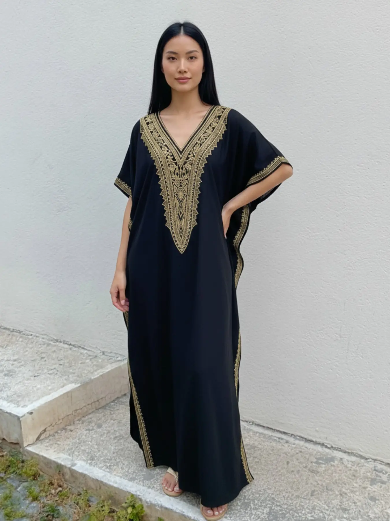 Women's Maxi Kaftan Dress Ethnic Design Loose Fit Half Sleeves Vacation Beachwear, Versatile Cover Up Comfortable Relaxed Style, Boho Caftan, Ethnic Pattern Kaftan, Batwing Sleeve Kaftan, Beach Kaftans, Boho Casual Kaftan
