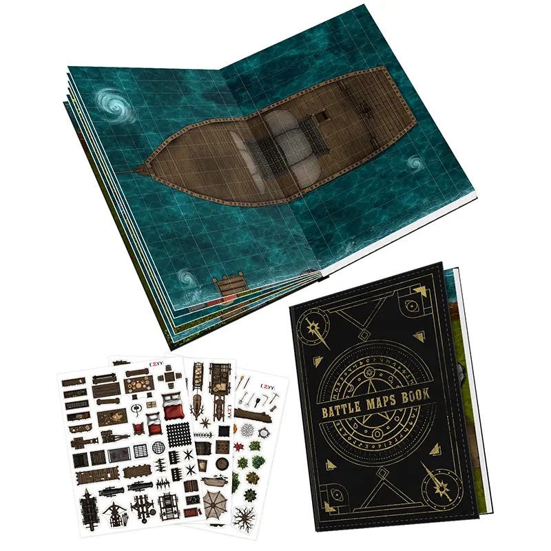 CZYY DND Battle Map Book - 32 Reusable Dry/Wet Erase Mats, 100+ Scenery Decals, 1" Grid, Lay-Flat Binding, Customizable Fantasy Tavern Maps - Portable RPG Terrain Kit for Miniature Play, Game Night