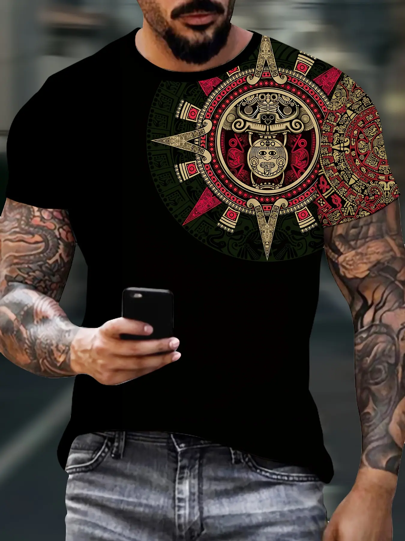 Summer Men's 3D Aztec Print Casual T-Shirt, Street Fashion Vintage Round Neck Loose Short Sleeve Top, All over Print H-Type