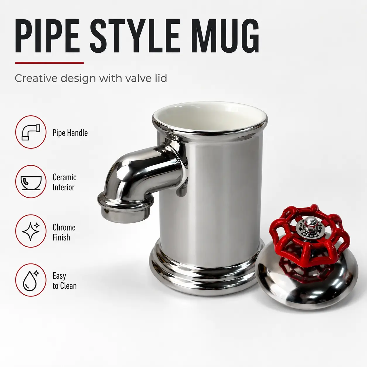 Industrial Pipe-Style Chrome-Plated Coffee Mug with Red Valve Lid, White Ceramic Interior, Portable Washable Reusable Tumbler, Creative Novelty Gift for Coffee Lovers, Birthday Gift for Dad, Kitchenware Drinkware for Daily Use