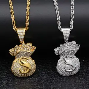 【PANG Jewelry】Hip Hop Dollar Sign Money Bag Pendant Necklace for Men Bling Cubic Zirconia US Golden Streetwear Statement Chain Gift