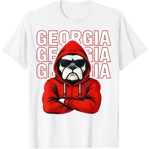 Graphic T-Shirt Black Red Hoodie Bulldog "GEORGIA" Repeated Print – Unisex Cotton Streetwear Tee, Casual Short Sleeve Top, Sports Fan Shirt, College Pride Apparel