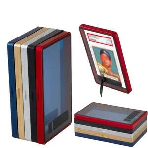 Card Protector with Metal Frame, 1 Count Stackable Magnetic Aluminum Trading Cards Case with Glass Cover & Folding Display Stand, Card Display Storage for Baseball Football Sports Games