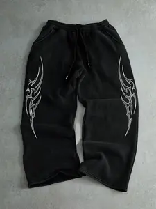 Dark Totem Print Wide Leg Sweatpants, Vintage Wash Loose Fit Sport Pants, Active Pants, Casual Geometric Pattern, Winter Fitted Style, Casual Sports Pants