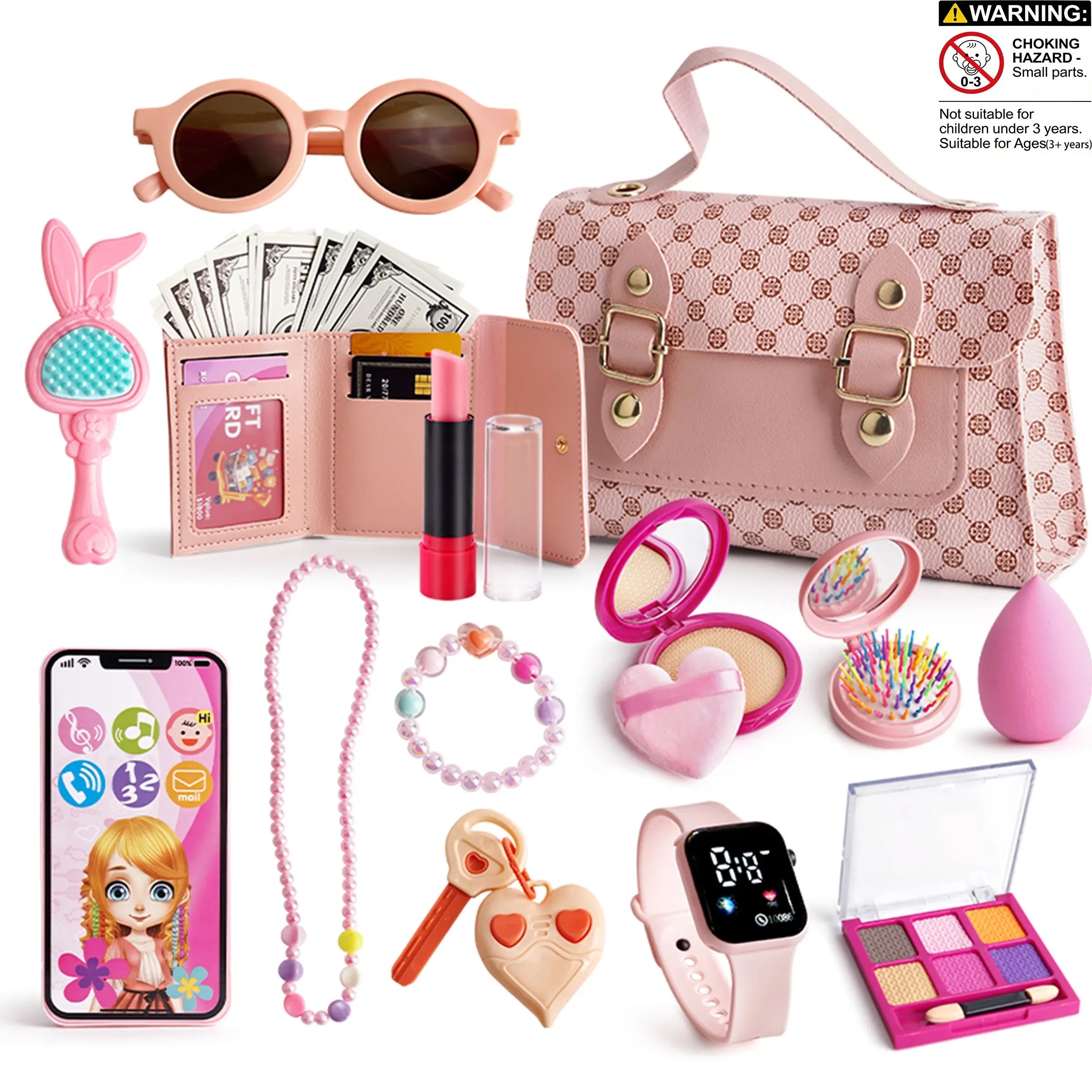 Princess Role Play Toy Set, Pretend Play Accessories, Role Playing Accessories for Girls Aged 3-8, Includes Realistic Makeup, Phone, Watch, Lipstick & Wallet, Christmas & Birthday Gift