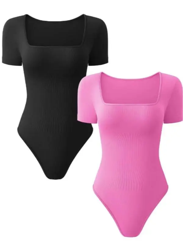 Women's Solid Square Neck Bodysuits,Casual Curvy Short Sleeve Bodysuit for Daily Wear, Tummy Tuck Garment,Ladies Clothes for All Seasons, Shapewear Bodysuit,Waist Trainer Women, Womenswear