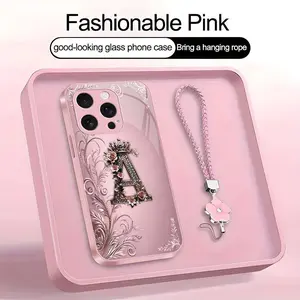 Crown Floral Art 26 letter Phone Case, Suitable for [iPhone 16 Pro] high-end women's, Lanyard a beautiful four-leaf clover lanyard is included🍀 952