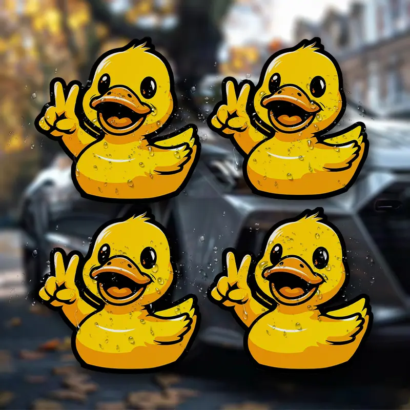4PCS/SET Cute-Style Peace Sign Little Yellow Duck Car Sticker, Car decals, Car decorative sticker, For car windows, cute backpacks, with the water-drop little yellow duck making a peace sign as elements