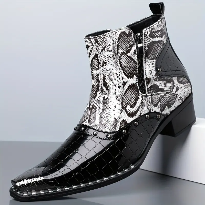 Men's PU Leather Studded Dual-Tone Snake Print Pointed Toe High-Top Chelsea Boots - Black, Rubber Sole, Zip Fasten, Block Heel, Casual Walking Shoes, Everyday Wear