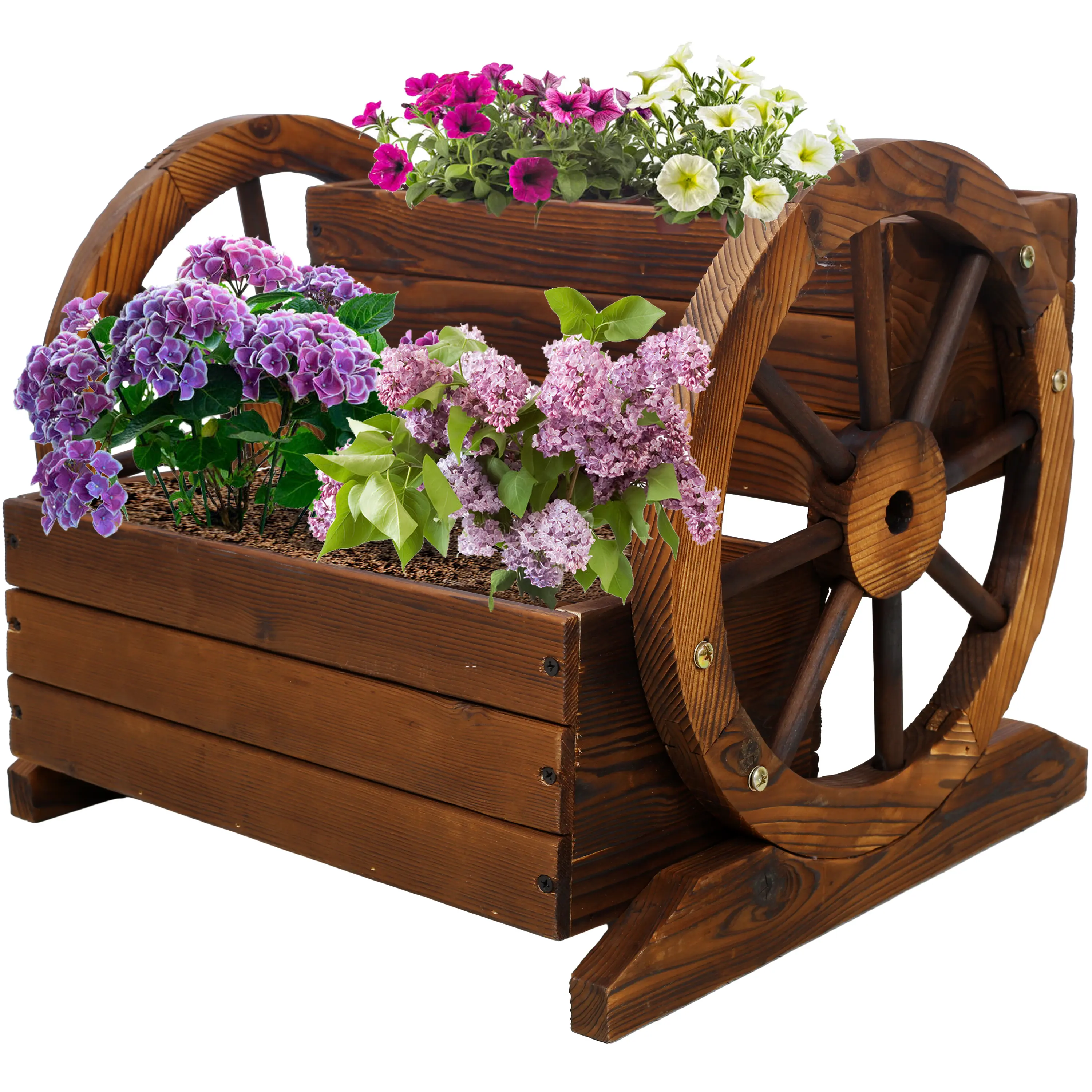 Wooden Wagon Planter Box, Rustic Flower Pot Garden Wagon Decor Garden Planter with Wheels,Decorative Planter for Flowers Herbs Vegetables for Indoor & Outdoor Décor,Wooden Flower Cart for Patio Garden Balcony Decoration