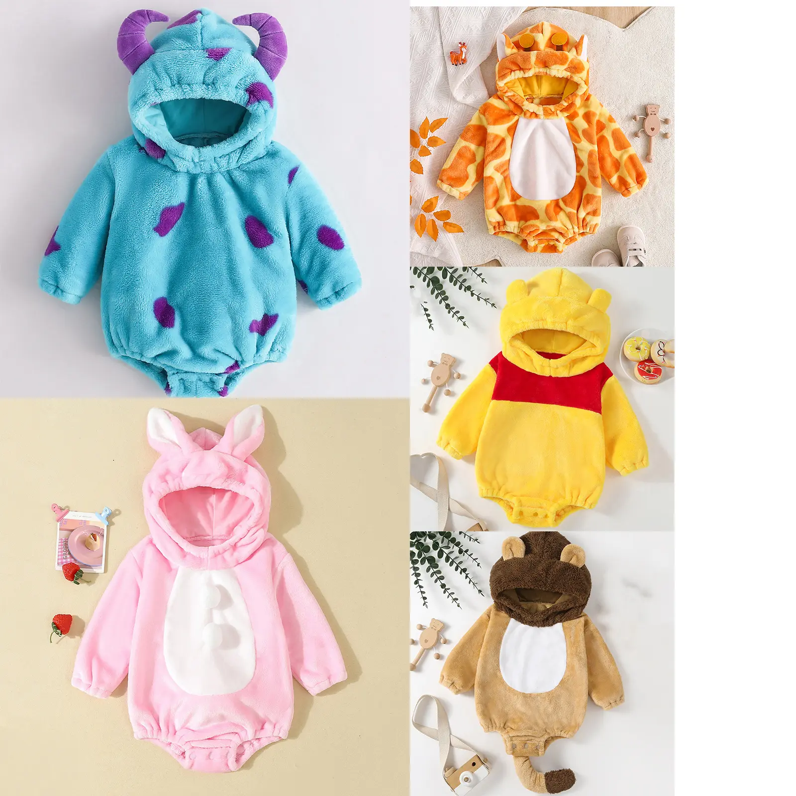 Unisex Baby Animal Print Flannel Hooded Long Sleeve Romper Jumpsuit - Hood Closure, Role Play Wear, Baby Girl Clothes, Cute Infant Gift, Costume Use, Rompers Jumpsuit, Long Sleeve Shirt