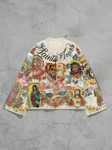 Men's Vintage Street Style Saint Print Long Sleeve Round Neck T-Shirt, Casual Fit Streetwear, Loose-Fitting Short Top for Fall, 2000s Fashion