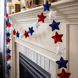 2PCS Red White and Blue Patriotic Garland Decorations, 6.5FT Velvet Star Fourth of July Banner for Mantel Backdrop Home Gathering and Patriotic Theme Party Decor