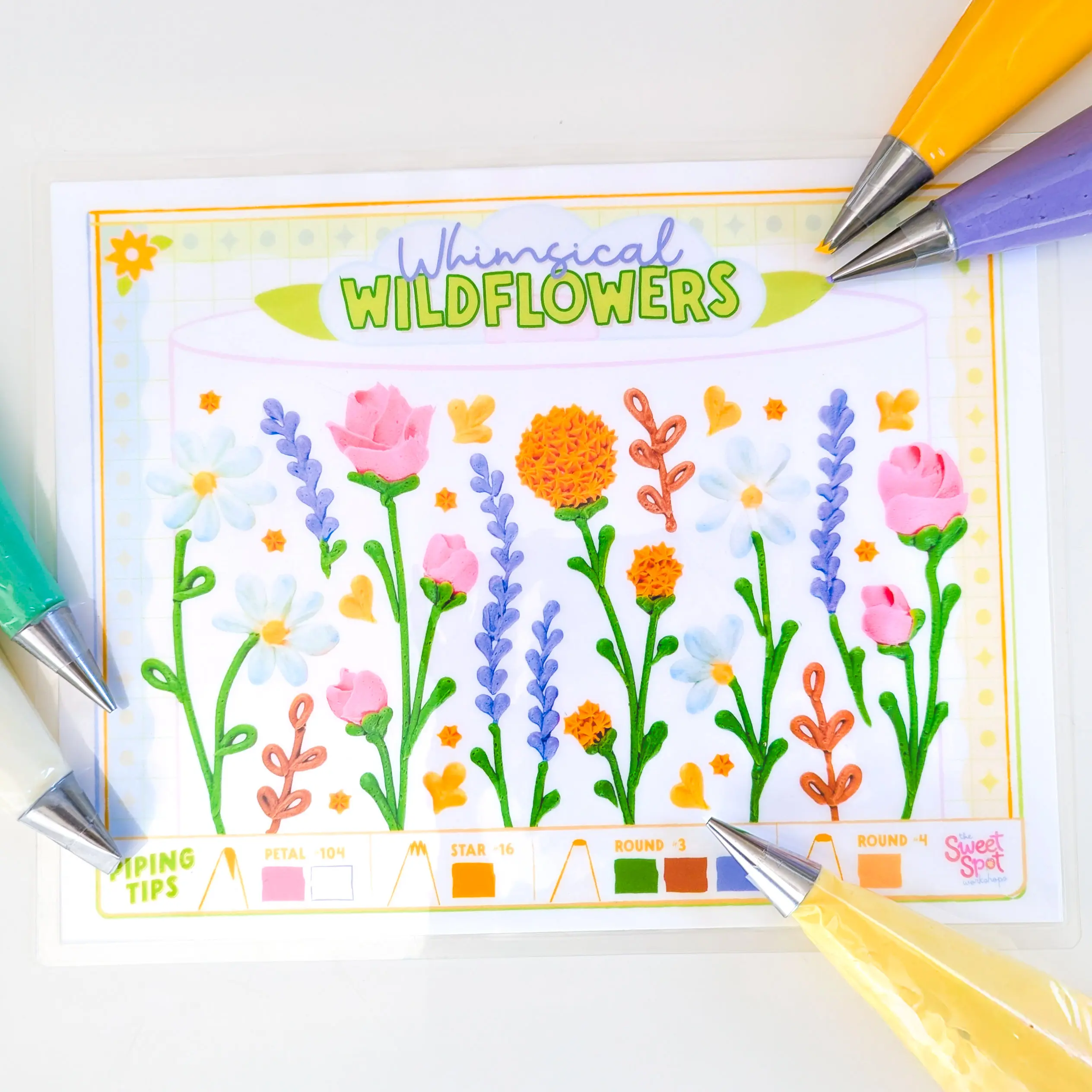 Whimsical Wildflowers Piping Practice Sheet with Free Video Guide Reusable Cake Decorating for Beginners