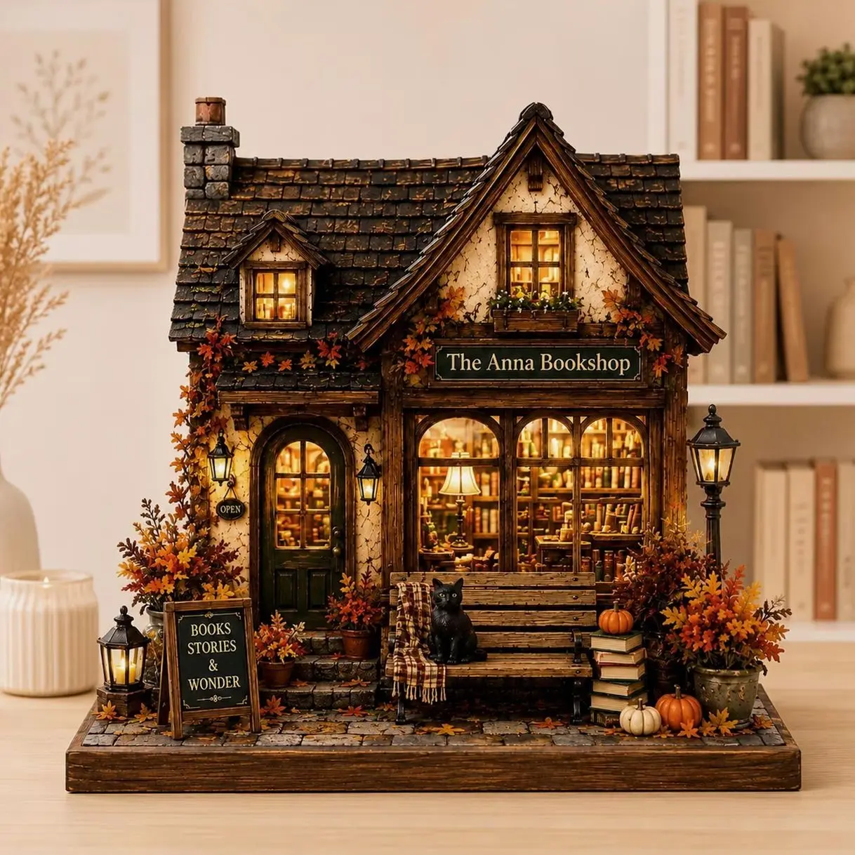 Personalized Fall House Wooden Block, Autumn Home Shelf Decor, Custom Family Name Cottage Sign, Pumpkin Porch Mantel Gift