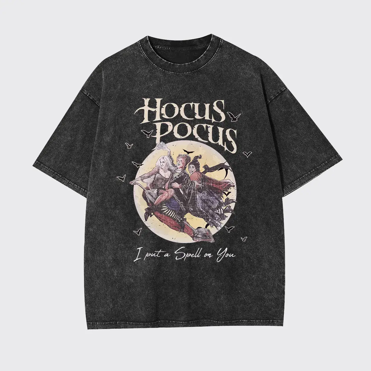 Retro Hocus Pocus Halloween Witch Tee, I Put A Spell On You Movie Graphic Washed Cotton T-Shirt, Unisex Casual Spooky Streetwear Short Sleeve Top